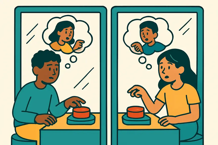 Cartoon from the game: two students deciding whether to cooperate