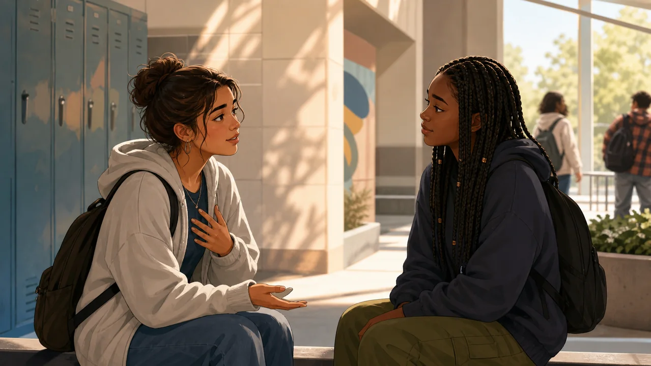 Two students having a calm boundary and repair conversation