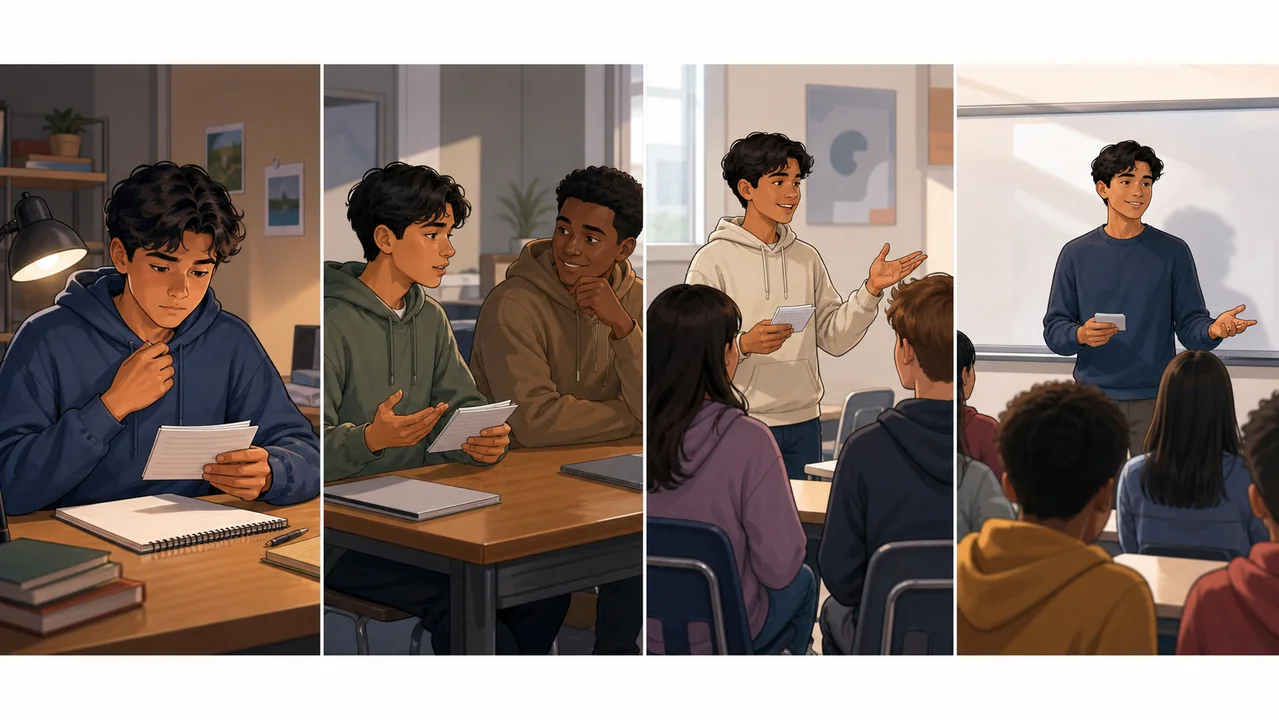 Student practicing a class presentation in small steps