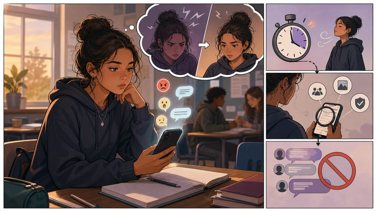 Student pausing before responding to an intense group chat
