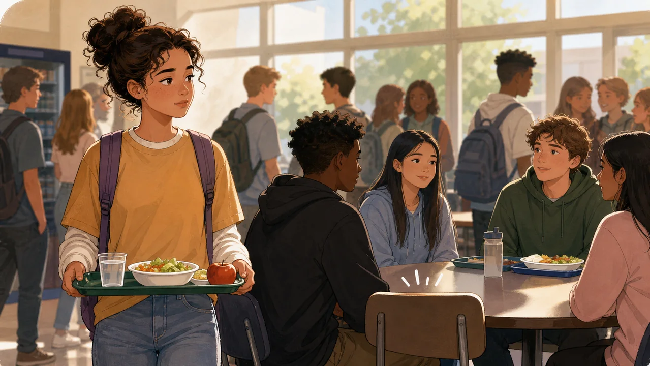 Incoming freshman entering a cafeteria and looking for a lunch table